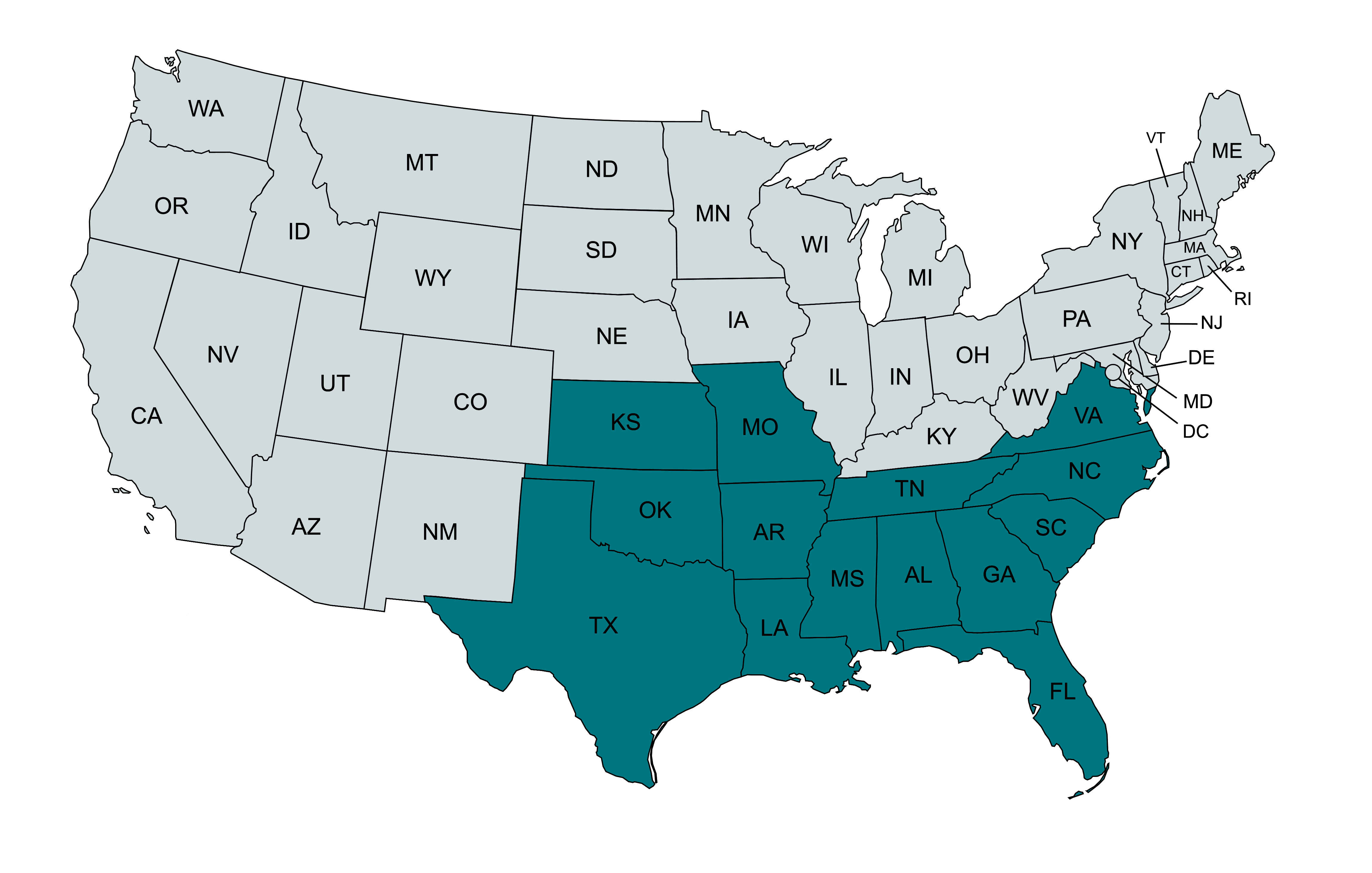 US Map with eligible states highlighted in teal US Map with eligible states highlighted in teal